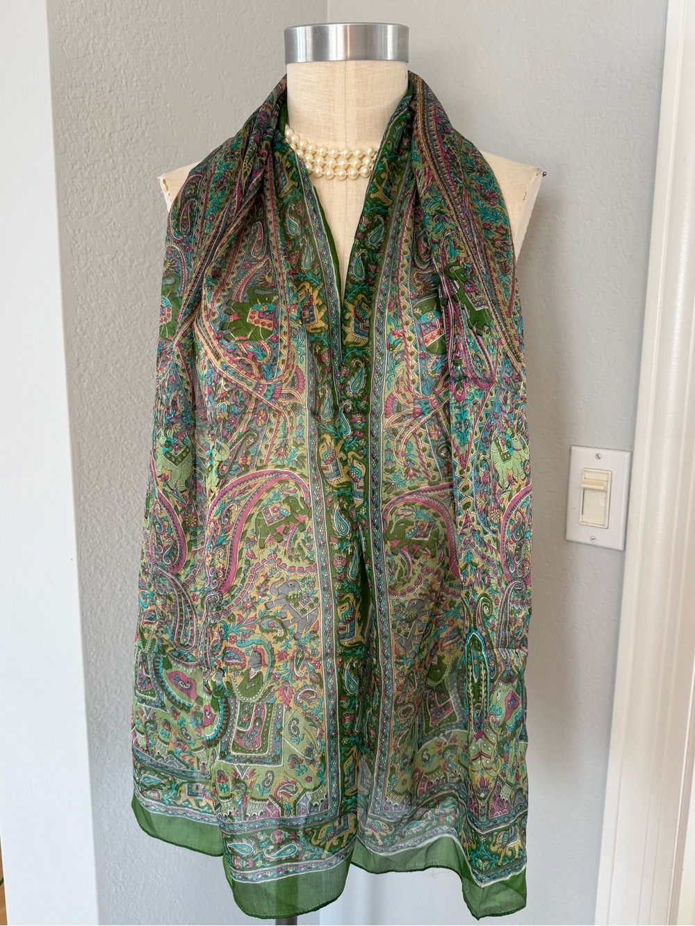 100% Silk India Elephants Scarf 68”x19”